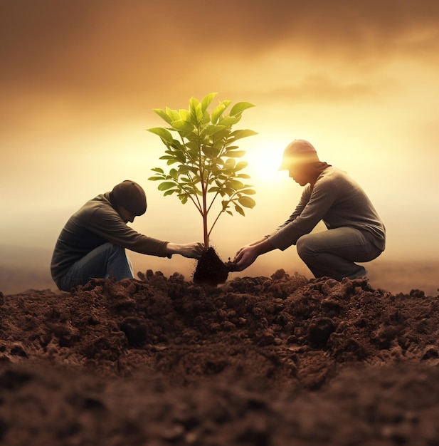 Two people planting trees nature stock photo