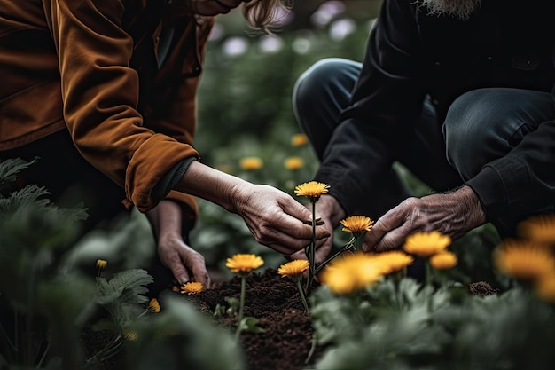 Two people planting yellow flowers in the dirt Generative Ai