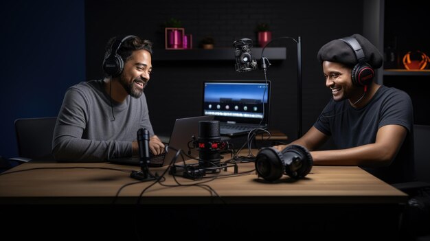 Two people recording a podcast in office