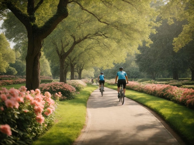 꽃과 나무가 늘어선 길을 자전거를 타고 달리는 두 사람
