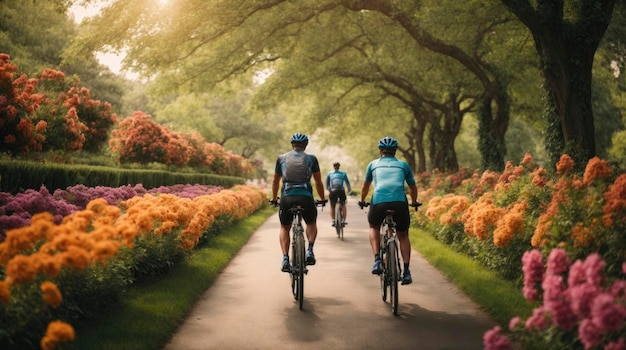 two people riding bikes down a path lined with flowers and trees in the background