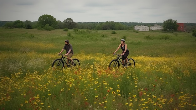 Two people riding bikes in a field of flowers