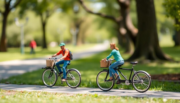 Two people riding bikes with baskets on them one of them has a basket on the other Premium AI generated image