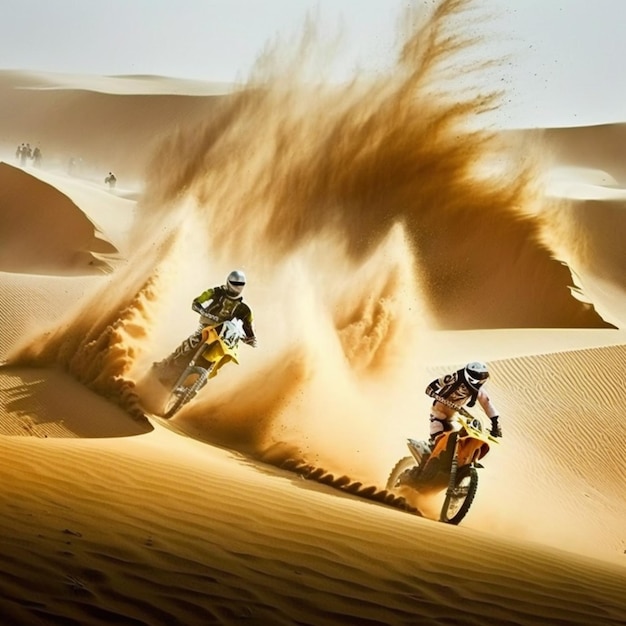 Two people riding dirt bikes in the desert on a sunny day generative ai