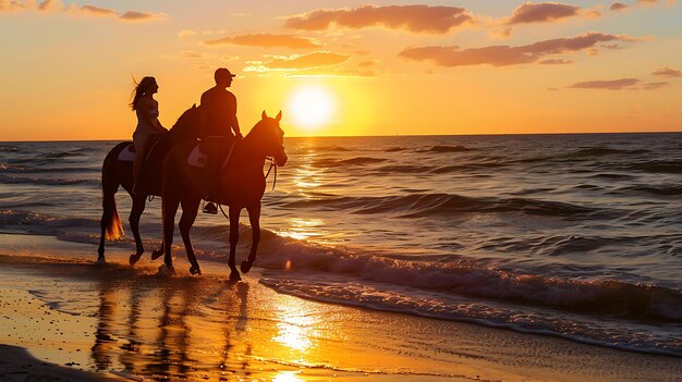 Photo two people riding horses on a beach at sunset