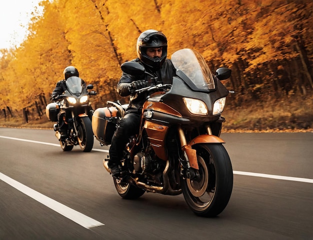 two people riding motorcycles on a road with trees in the background