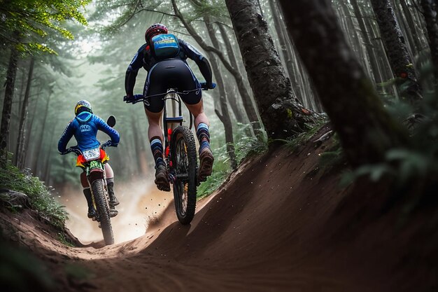 Two people riding mountain bikes in a forest