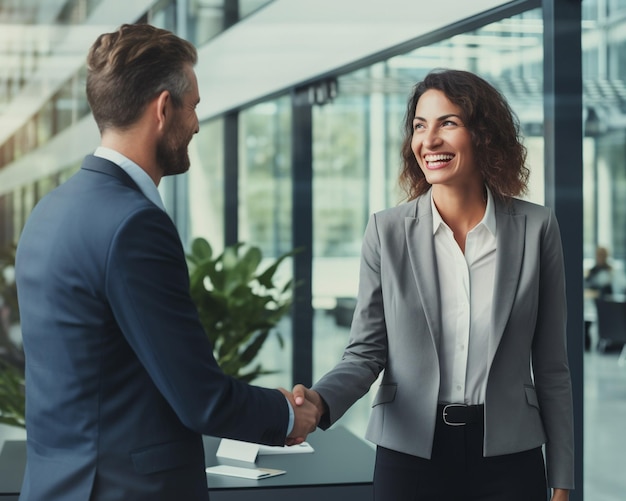 Two people shaking hands after successful contract in office Happy and smile on face