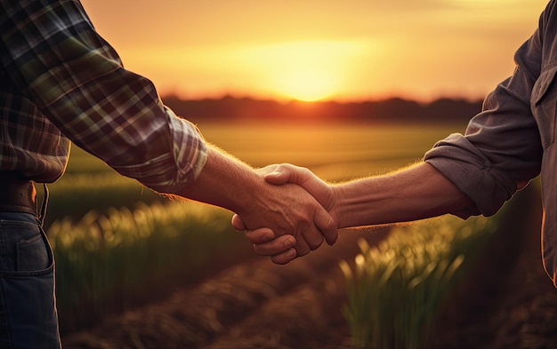 Two people shaking hands in a field during sunset