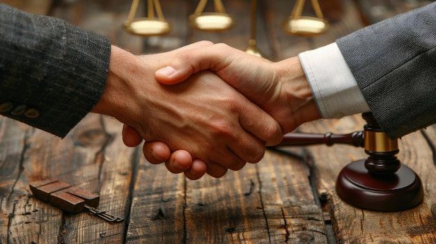 Photo two people shaking hands in front of a scale of justice