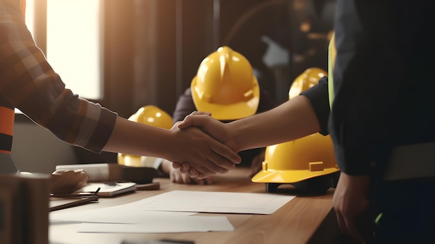 Two people shaking hands, one of which is a hard hat and the other is a hard hat.