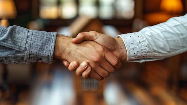 Two people shaking hands in a room