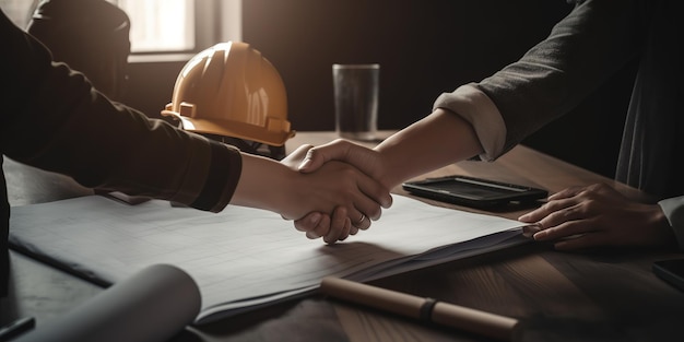 Two people shaking hands over a table with a construction worker and a yellow helmet.