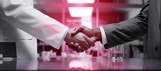 Photo two people shaking hands over a table