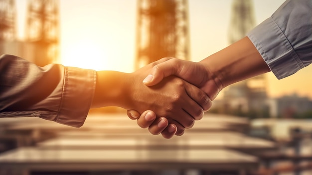 Two people shaking hands with the city in the background