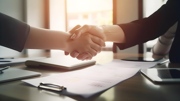 Two people shaking hands with a document on the table