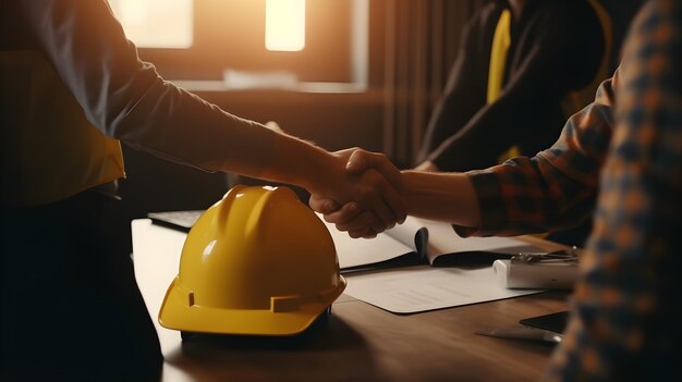 Two people shaking hands with a yellow hard hat