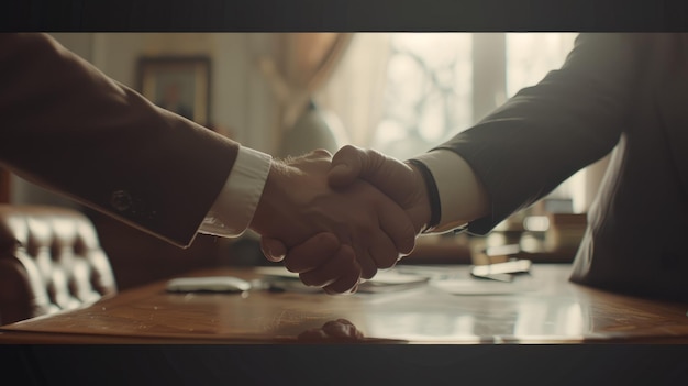 Two People Shaking Hands Over a Wooden Table