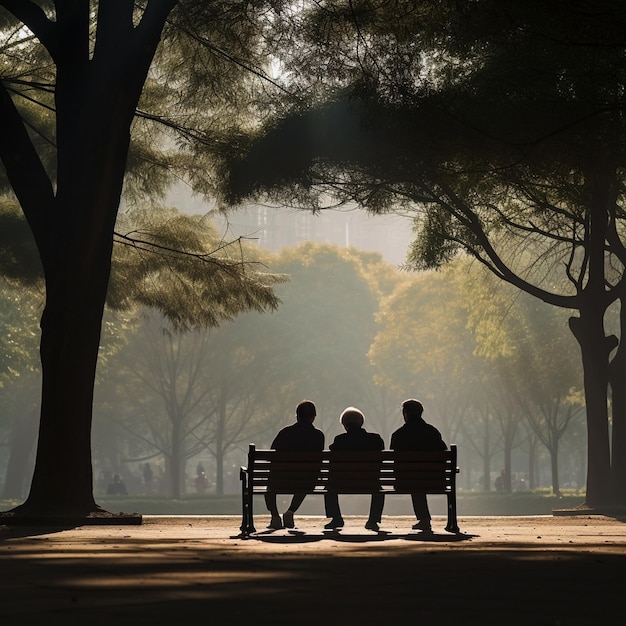 two people sit on a bench in a park with the sun shining through the trees.