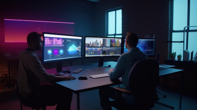 Two people sit at a desk in front of a dark room with multiple monitors, one of them is a dark room with a dark wall and the other of them is lit up.