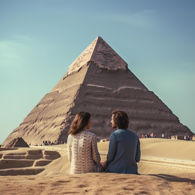 two people sit in front of a pyramid with the word pyramid on it