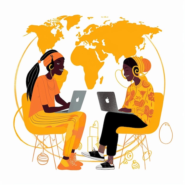Фото Два человека сидят на стульях с ноутбуками и картой мира.