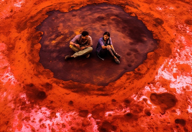 два человека сидят в красно-оранжевом бассейне воды
