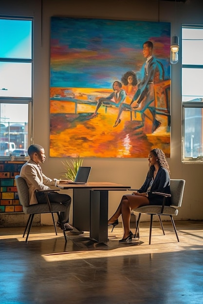 Two people sit at a table in front of a painting that says'the word art'on it