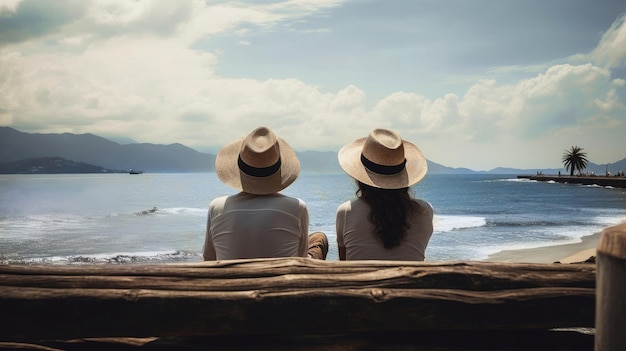 Two people sitting on a bench looking out to sea