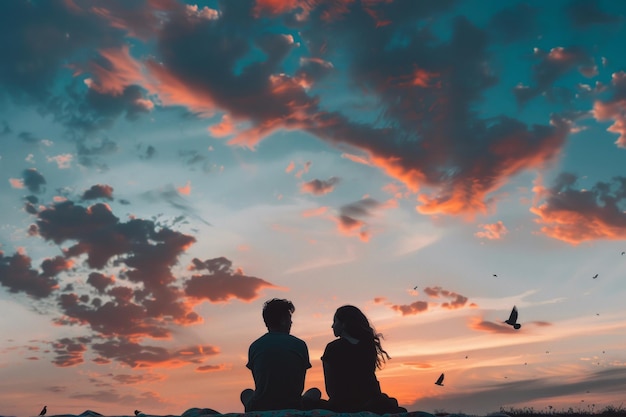 Два человека сидят на одеяле на закате с птицами в небе милые и мечтательные