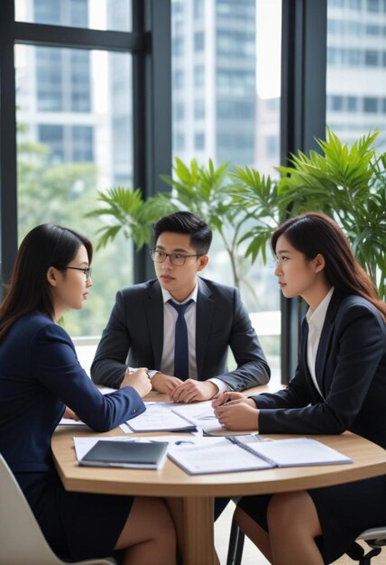 Photo two people sitting at a table with a man in a suit and tie