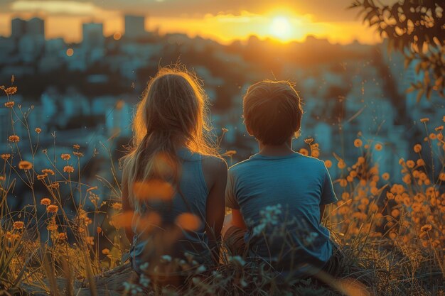 Two People Sitting on Top of a Field