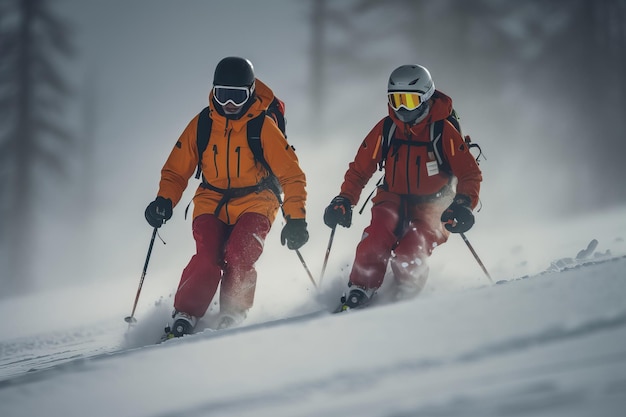 Two people skiing down a snowy mountain