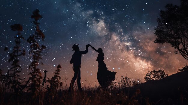 Foto due persone in piedi in un campo sotto il cielo notturno di san valentino