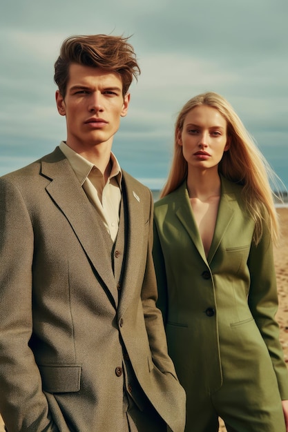 Two people stand in front of a beach scene wearing suits.