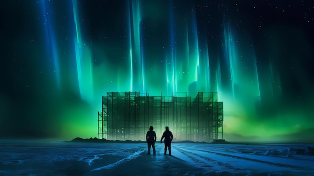 Two people stand in front of a building with the lights on it.