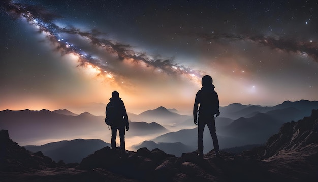 two people stand on a mountain top with a star - filled sky behind them