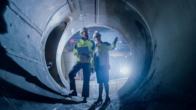 Two people stand in a tunnel with a clipboard on it.