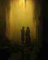 Photo two people standing in a dark alley with a yellow light behind them