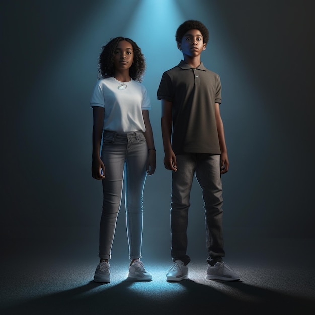 two people standing in a dark room with a light on the bottom.