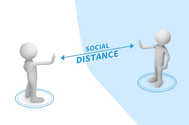 Two people standing distance with the word social distancing in between concept.