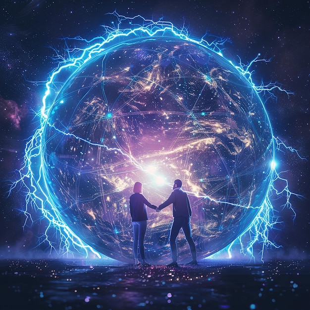 two people standing in front of a large sphere with lightning bolts in the background