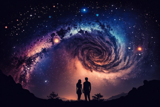 Two people standing in front of spiral galaxy Generative AI