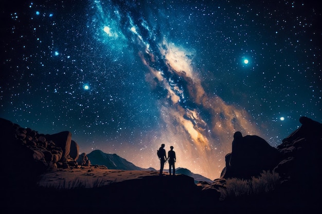 Two people standing in front of star filled sky Generative AI