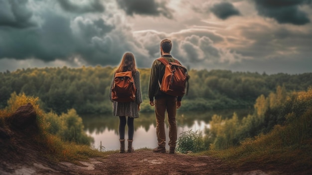 Two people standing on a hill looking at a lake