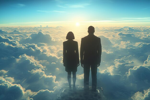 구름 위 의 절벽 에 서 있는 두 사람