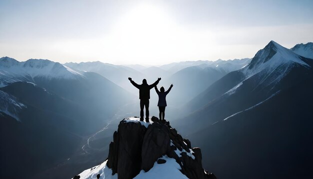 Photo two people standing on a mountain peak