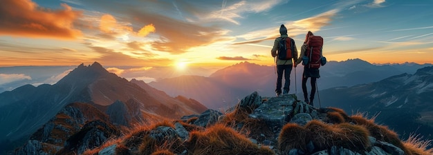 写真 夕暮れ に 山 の 頂上 に 立っ て いる 二 人