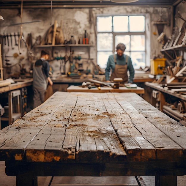 Two people standing on a table in a workshop