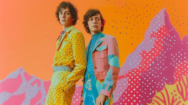 Photo two people standing together with colorful outfits in the style of surrealistic assemblages